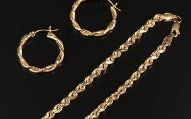 14K Twist Hoop Earrings with French Rope Bracelet