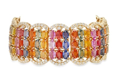 14K Yellow Gold 67.35ct Multi-Colored Sapphire and 4.89ct Diamond Bracelet