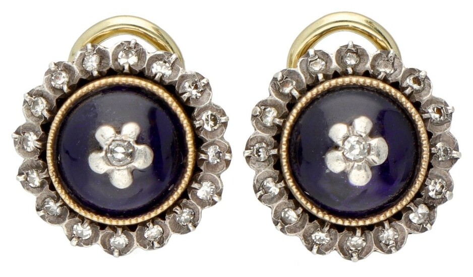 14K. Yellow gold antique clip earrings set with approx. 0.17 ct. diamond and Bristol glass....