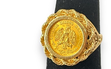 14kt Yellow Gold Ring with Mexican Dos Pesos Gold Coin in the Center