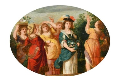 17th Century Dutch Old Master Oil on Panel, Ladies Gathering Flowers