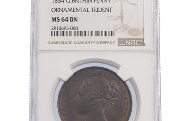 1854 Queen Victoria copper Penny with ornamental trident gra...