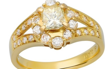 18K Yellow Gold Setting with 0.60ct Princess Cut Center Diamond and 1.06tcw Diamond Ladies Ring