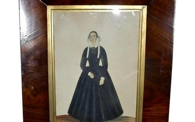 19th C Watercolor & Gouache of Woman w/Book
