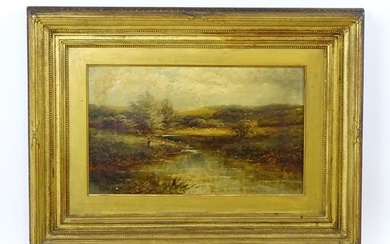 19th century, English School, Oil on canvas, A river landscape with fishermen. Approx. 11 3/4" x 19