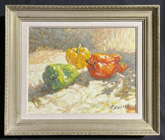 20th Century French Signed Oil - Red Green & Yellow Peppers Still Life