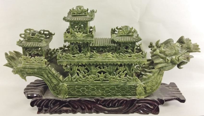 Carved Chinese Jade Boat on Stand