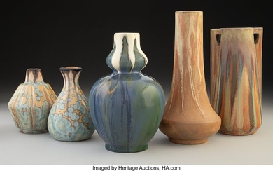 27094: Two Denbac Glazed Ceramic Vases and Three Desvre