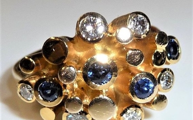 Handarbeit - 14 kt. Gold - Ring, Design: Sputnik 0.30 ct. Diamonds / brilliant cut + 0.40 ct. sapphires