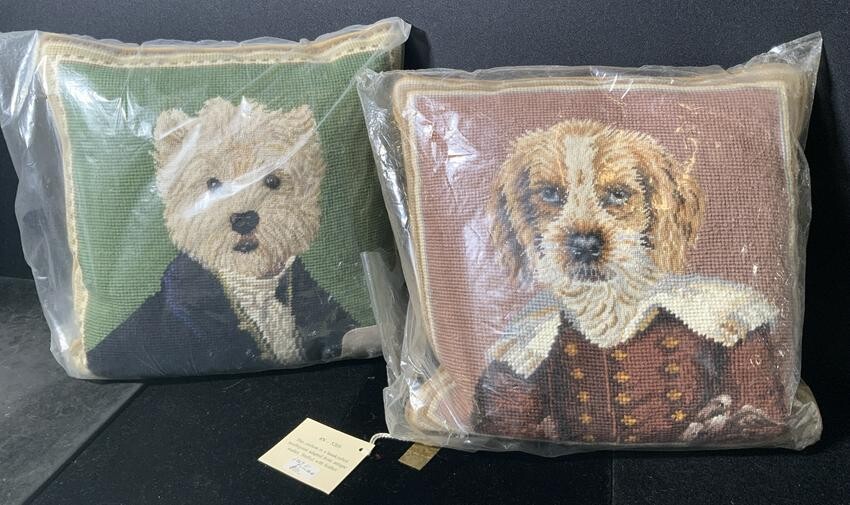 2p MAYFLOWERS Dog Portrait Needlepoint Pillows