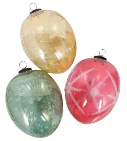 3 Large Kugel Style Clear Etched Glass Ornaments