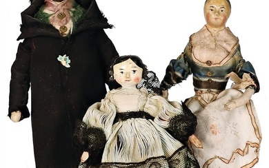 3 pieces, dollhouse dolls, Biedermeier, lady (torso without legs), 12 cm, papier mâché