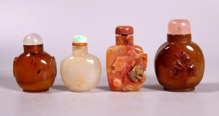4 Fine Chinese 19 C Carved Agate Snuff Bottles