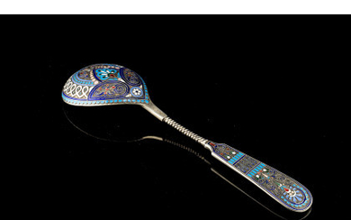A partially silver-gilt and polychrome cloisonné spoon. Spurious marks: Moscow 1894 and P. Ovchinnikov (cm 25.5) (gr 170 ca.) (minor...