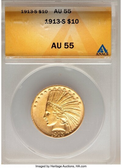 7494: 1913-S $10 AU55 ANACS. Mintage 66,000.