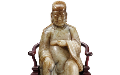 A MOTTLED PALE GREY AND BROWN JADE FIGURE OF WENCHANG, MING DYNASTY (1368-1644)