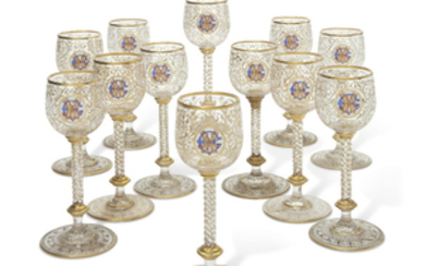 TWELVE CONTINENTAL ENAMELED, ENGRAVED AND GILT HOCK GLASSES, LATE 19TH/20TH CENTURY