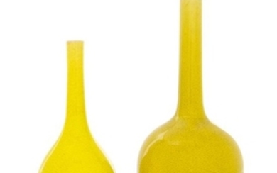 * Two Chinese Lemon-Yellow Glazed Porcelain Bottle Vases