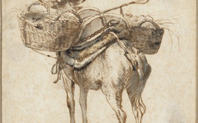 Willem Schellinks (Amsterdam 1627-1678), A donkey laden with baskets, seen from behind