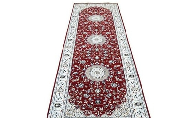 Wool and Silk 300 KPSI Red Nain Hand-Knotted Runner Rug