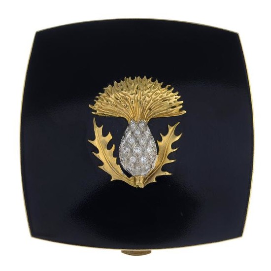 A 1980s 18ct gold, diamond and enamel compact. The