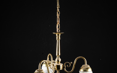 A 3-arm, brass/glass ceiling lamp, second half of the 20th century.