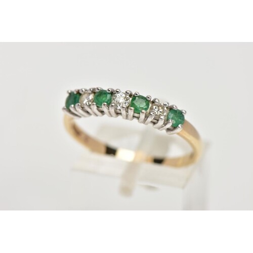 A 9CT GOLD DIAMOND AND EMERALD HALF ETERNITY RING, designed ...