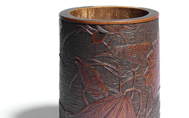 A CHINESE CARVED BAMBOO 'LOTUS POND' BRUSH POT, BITONG, QING DYNASTY, 18TH CENTURY