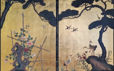 A CHINESE TWO PANEL LACQUERED FOLDING SCREEN