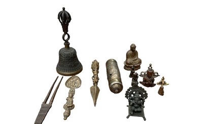 A COLLECTION IF TIBETAN BRONZE AND BRASS BUDDHIST CEREMONIAL...