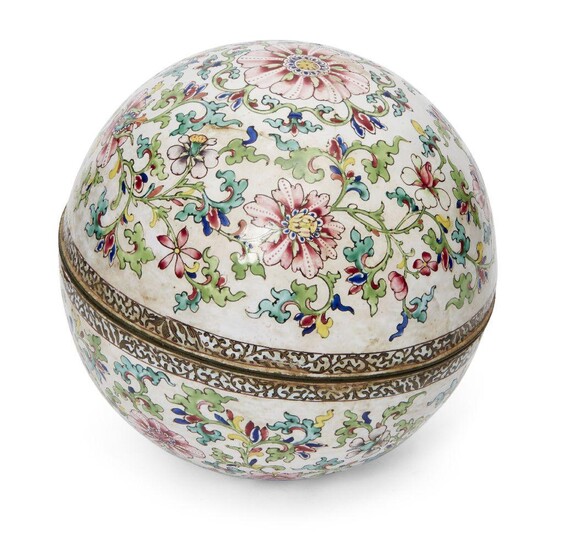 A Chinese Canton painted enamel spherical box, Qianlong period, decorated...