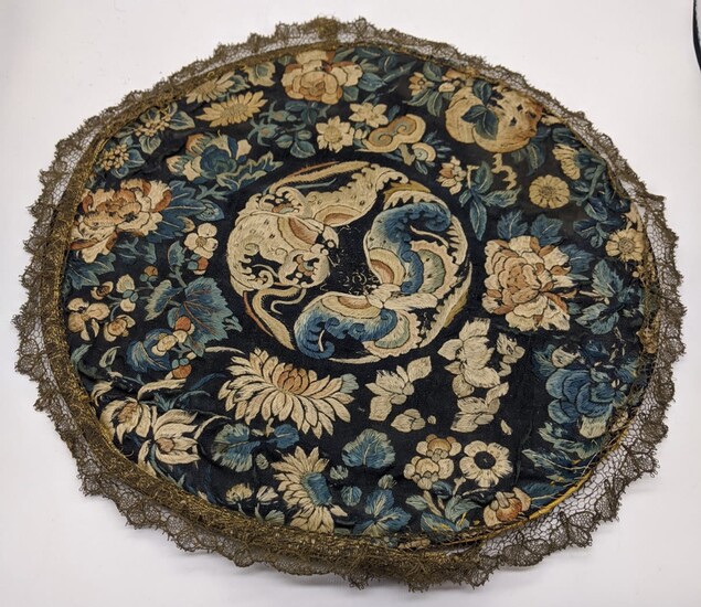 A Chinese mid 19th century circular silk embroidery depicting...