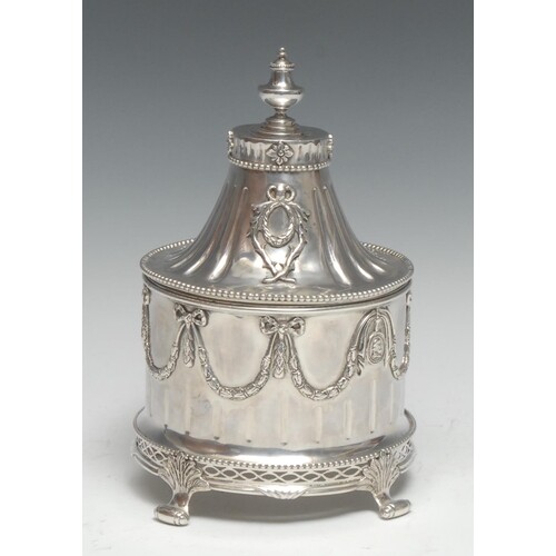 A Dutch Neo-Classical silver circular tobacco box, lofty dom...