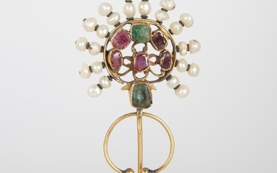 A FRENCH GILT SILVER, SEED PEARL AND GEM SET BROOCH, LATE 19TH-20TH CENTURY