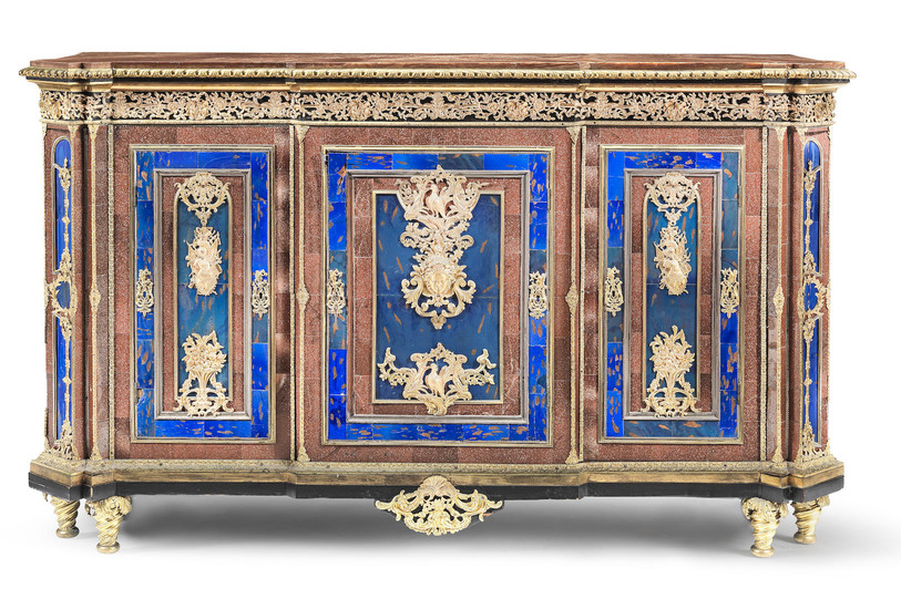 A French mid-19th century ormolu, silvered metal, aventurine glass and blue coloured glass mounted ebony and ebonised breakfront meuble d'appui