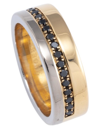 A GENT'S CERRONE 18CT TWO TONE GOLD STONE SET RING; 7.2mm wide yellow and white gold band half hoop set with round cut black moissan...
