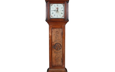 A GEORGE III OAK LONG CASE CLOCK, EARLY 19TH CENTURY, the w...