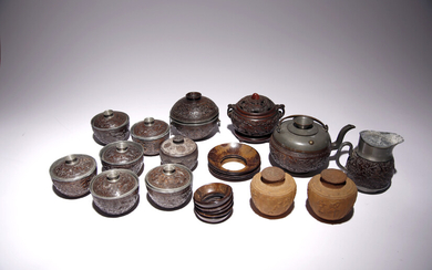 A GROUP OF CHINESE CARVED COCONUT AND PEWTER ITEMS