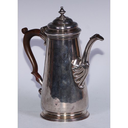 A George II silver coffee pot, hinged cover with knop finial...