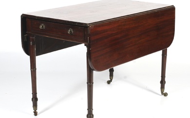 A Georgian mahogany drop leaf dining table. With frieze drawer, raised on turned and tapering supports with casters, L114cm x D102cm x H71.5cm