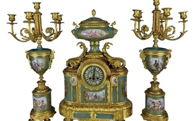 A LARGE 19TH C. ORMOLU MOUNTED SEVRES STYLE CLOCK SET