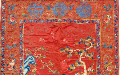 A LARGE CORAL-RED-GROUND SILK EMBROIDERED 'LONGEVITY' HANGING 19th century