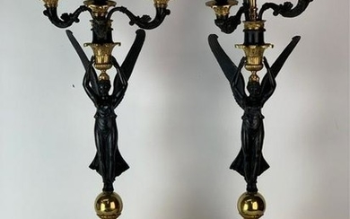 A LARGE PAIR OF EMPIRE STYLE BRONZE CANDELABRA