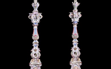 A LARGE PAIR OF MEISSEN PORCELAIN FLOOR STANDING CANDELABRA, LATE 19TH CENTURY