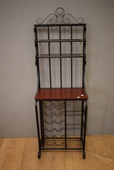 A METAL AND TIMBER WINE RACK HALL STAND (175H X 60W X 40D CM)