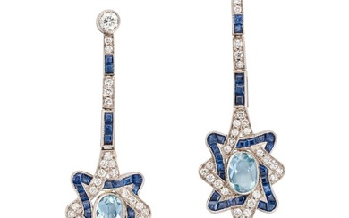 A PAIR OF AQUAMARINE, SAPPHIRE AND DIAMOND DROP EARRINGS each comprising a row of round cut diamonds