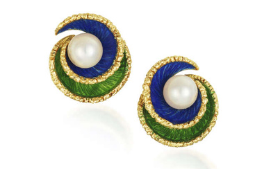 A PAIR OF CULTURED PEARL AND ENAMEL EARCLIPS, BY FRED PARIS