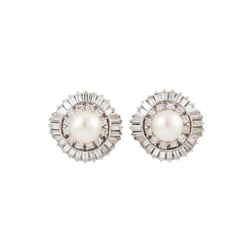 A PAIR OF DIAMOND AND PEARL CLUSTER EARRINGS, the central pe...