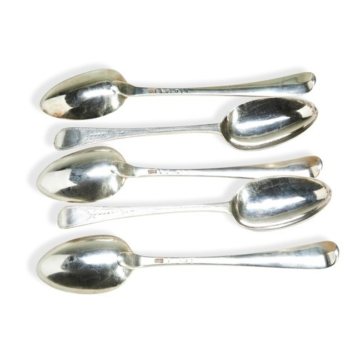 A PAIR OF GEORGE III SILVER BRIGHT CUT DESSERT SPOONS AND TH...