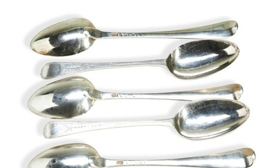 A PAIR OF GEORGE III SILVER BRIGHT CUT DESSERT SPOONS AND TH...